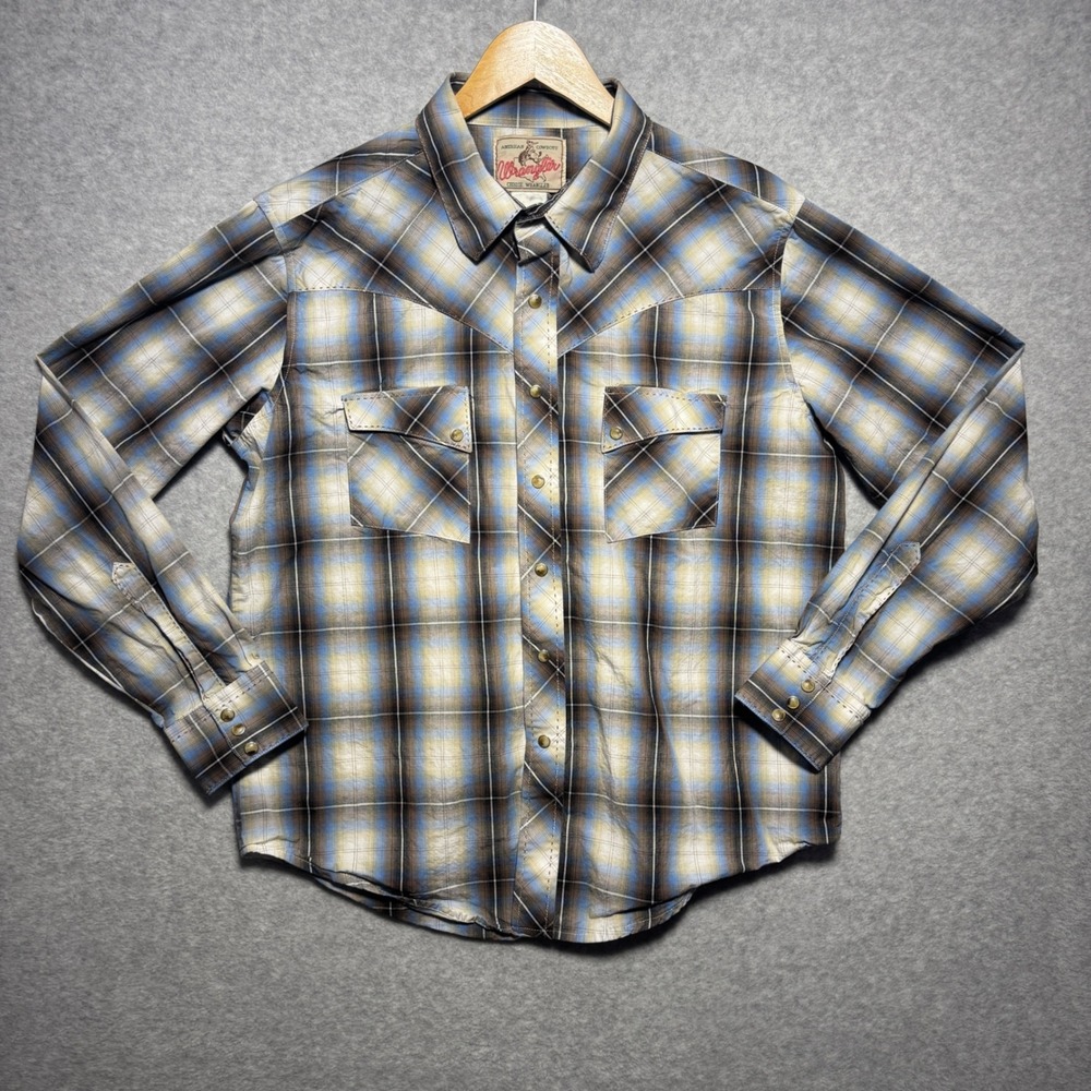 Wrangler Mens Western Pearl Snap Shirt Plaid Blue Brown Long Sleeve Cowboy L